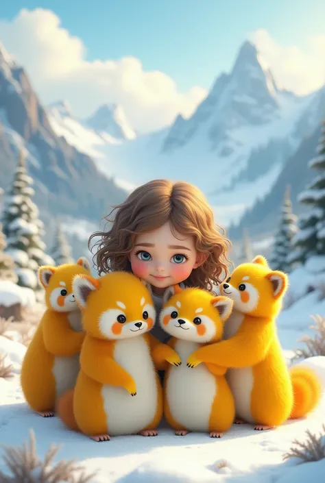  Create 1 photo with
- Landscapes:  snow mountain
- Yellow : 1 girl, 1 penguin , 1 red panda , 1 capybara  ( water guinea pig )  included
- Description of :  slightly smiling girl, light curly hair , shoulder length hair, brown hair ,  pretty white skin , ...