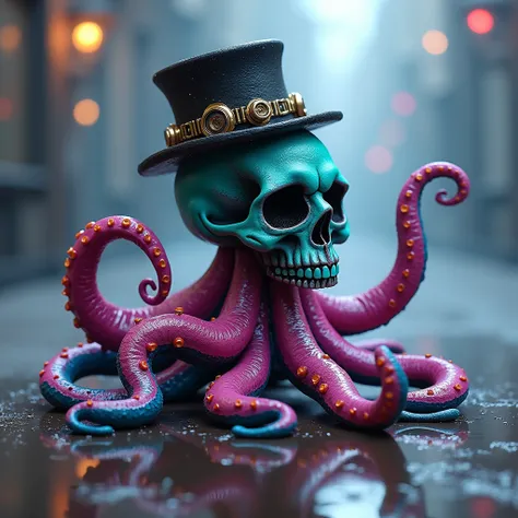 Une tete de mort colorée en fushia turquoise noir qui se transforme en pieuvre. Avec beaucoup de reflet comme si elle etait mouillée. Avec un chapeau steampunk. Et un fond en fumée avec les mêmes couleurs 