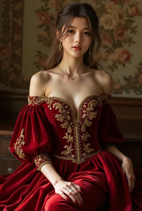 RAW Photos, solo sexy aristocratic woman, 19 years old, Wore period drama costumes, Russia, wearing deep red velvet long dress  with gold thread phoenix embroidery, 20th century AD, perspective, full body Details, sexy long legs, sharp concentration, Sligh...