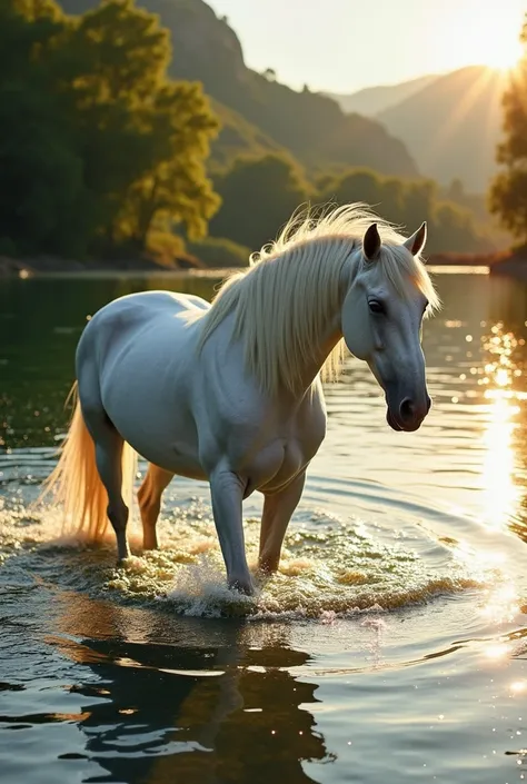 Un cheval majestueux, à la robe dun blanc éclatant, se tient dans une rivière cristalline, buvant paisiblement leau fraîche. La lumière du soleil illumine la scène, créant des reflets scintillants sur la surface de leau. Lenvironnement est serein, avec des...