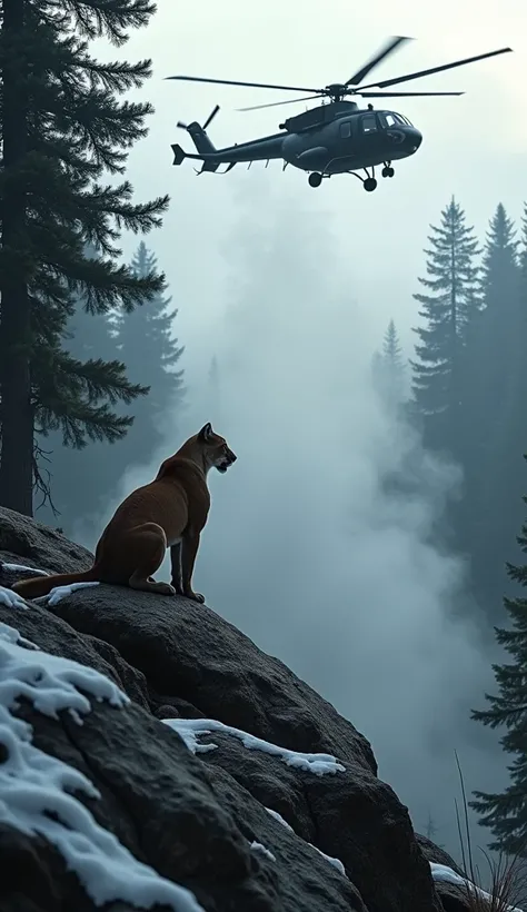 A mountain lion crouches on a rocky outcrop in the Alpine forest, staring at a military-style helicopter hovering just above the treetops. The helicopter’s rotors stir the snow on the ground, creating a whirlwind of mist and frost. The lion’s sleek, muscul...