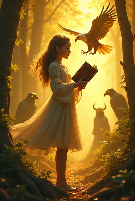 A girl in a golden color forest with many devils and an eagle bird behind her and a book in her hand