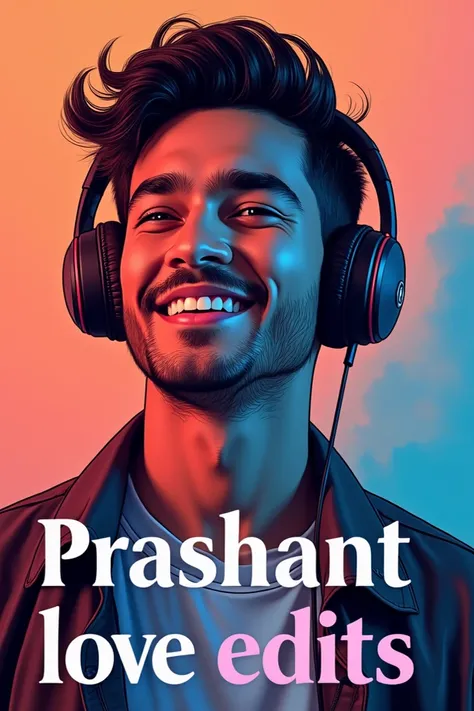 I need Boy wearing headphones of age 20 and in front written Prashant love Edits  in stylish 
In half screen 