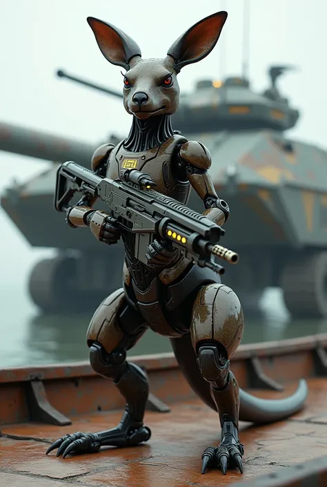 Robot kangaroo with gun on boat with war tank