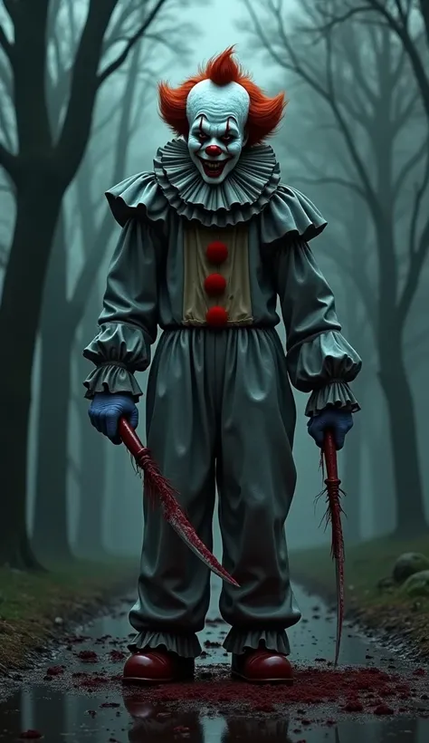 Cree un clown terrifiant style psychopathe/ tueur, il a une arme, il est ensanglante. Il est plus monstre que humain, il est dans un parc. Style horreur. 