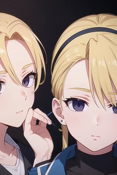 It will happen to you, Riza Hawkeye,  blonde hair , ( dark eyes:1.5),  Tied up ponytail ,
break shirt, Short sleeve,  earrings for a woman alone, pants, uniform, military,  black shirt , military uniform, blue pants,
break looking at viewer, whole body,
br...