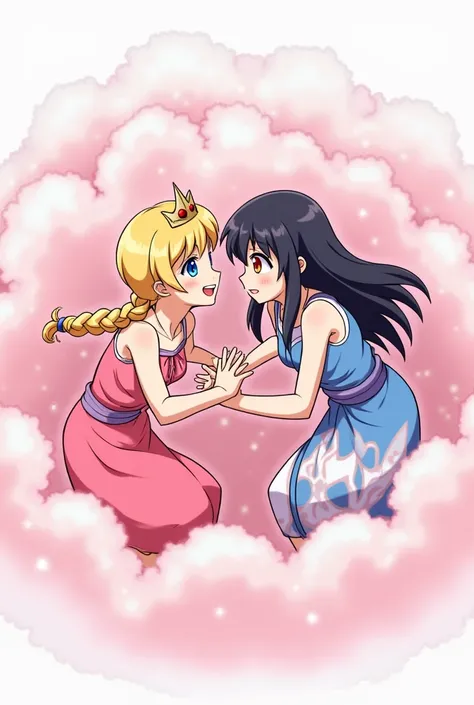 An anime-style comic depicting princess and lady playfully wrestling with each other inside a pink comical fight cloud (fairytaile cloud).
one princess with blonde braided and blue-eyes and pink-dress, and one lady with black long hiar and red-eyes and blu...