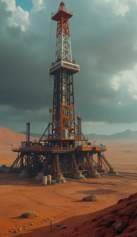 A massive drilling rig in the middle of a vast desert landscape, with towering machinery drilling deep into the earth. The scene is detailed with engineers in safety gear supervising the operation, and the drill emits a faint glow as it digs further into t...