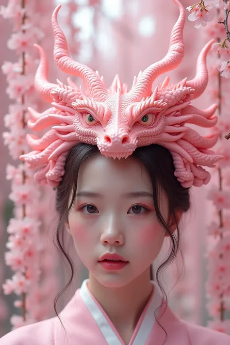 Pink tiara with cherry Blossoms And pink Dragon horns 