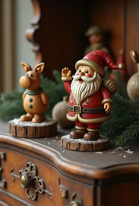 Vintage wooden Christmas decoration on an antique cabinet