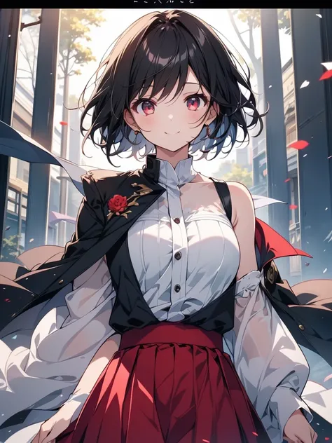 masterpiece, highest quality, highest quality, (no text), Beautiful and aesthetic:1.2),no text,anime、break,anime、break、 one girl、 Dark Haired Girl Short Hair 　Tree Eyes 　adult　 beautiful eyes　red eyes, cool smile　Shoulder　 skirt　 Black jacket, whole body, ...