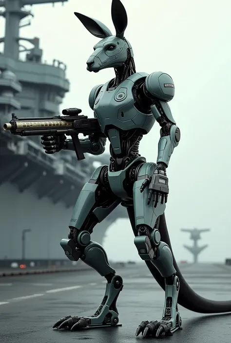 Robot kangaroo with gun on aircraft carrier with missile launch 