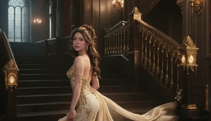 A beautiful woman with long, flowing brown hair, adorned in a cream-colored, intricately detailed gown with gold accents, stands posed on a grand staircase in a dark, opulent hall.  Her expression is serene and elegant,  her dress draping gracefully around...