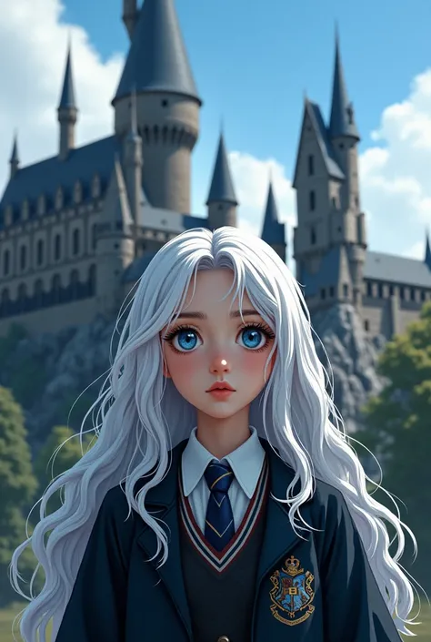 a girl, fifteen-year-old , white hair, long hair, blue eyes, longeyelashes, wearing hogwart uniform from harry potter in front of hogwart castle, high quality, high detail manga style