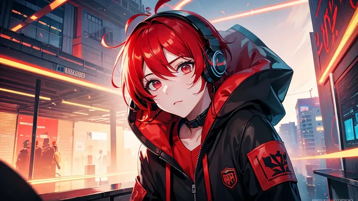 A stunning, colorful artwork featuring, leader boy with red headphones, red hair and black jacket with hood and mix DJ. The scene wonderfull ciberpunk2077 city . 4k full HD
