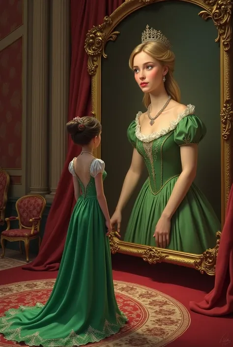 Make a princess in a green dress look at a portrait of a queen 