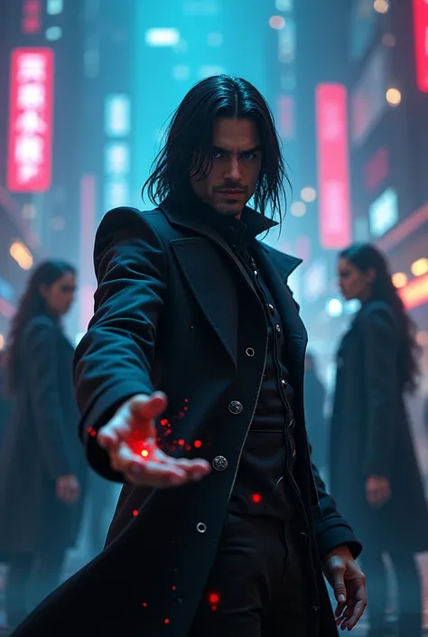 HD, 4k,best image of straight hair male, black coat,, magic: 1.2,, average muscle, grin smile: 1.7, sex magic to sleep women, 3 women, casting: 1.4, cyberpunk environment,