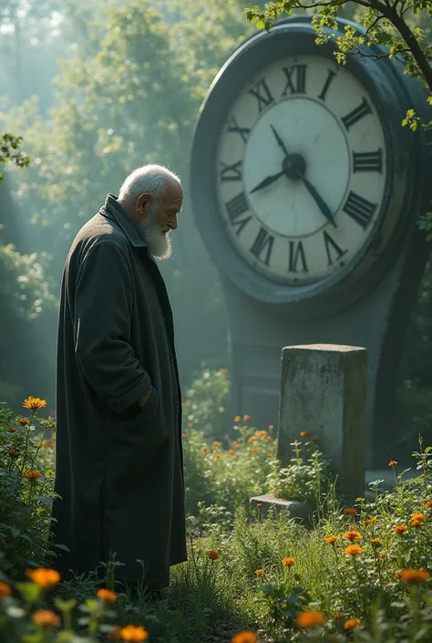 It generates the image of the death of a man over time. But in the way that the human being grows from a  playing in a garden until later he is an adult and old man and a tombstone that represents his death and in the background a large clock 