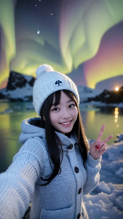  girl、smile、 peace sign、Knitted hat、 selfie 、Down coat、(Antarctic scenery :1.2)、( Aurora:1.2)、night