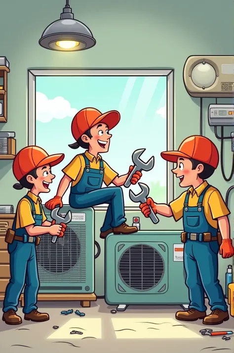 Cartoon image of several technicians repairing air conditioners.