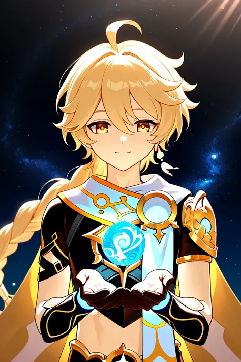 Aether (genshin impact), bright sunlight in your hands, dark space, looking at light, smile, blonde hair, intricate details, high resolution, perfect anatomy, detailed face, detailed eyes