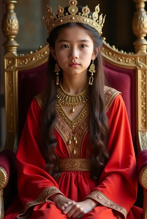 Full-length, full-face photo of a young and beautiful girl model with long brown hair, wearing a very beautiful dress, a girl from the Shahnameh, a kings daughter, very warrior and brave, sitting on a chair in the palace, her dress is red and she has golde...