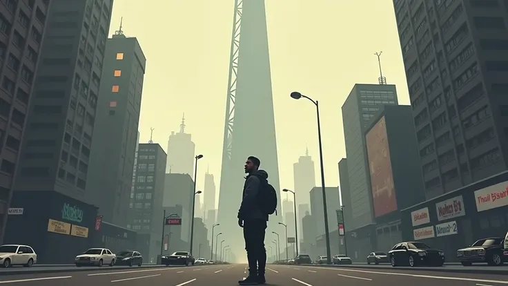 a rap man with under a big tower in the middle of the image, the background is a big town with a big tower behind in the center, fade colors, a comtemplation ambience, a smoke with a light in the sky, nebouleous 