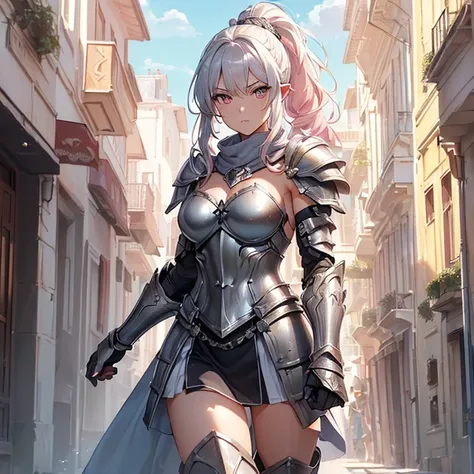 Masterpiece, HD, high resolution, high quality, best quality, super detailed. Solo character alone. Fantasy art.
{{(A 20-years-old female nymph warrior:(appearance: grey-skin. Short-pointy-ears. Beautiful Pink-eyes. Light-blue curly-hair tied in a ponytail...