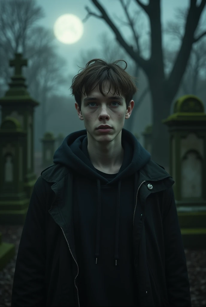 "A 25-year-old man  in the middle of a dark, eerie graveyard. The faint glow of the moon casts shadows on the weathered tombstones around him. His face is pale, eyes wide with a mix of fear and curiosity as he stares directly into the camera. His lips trem...