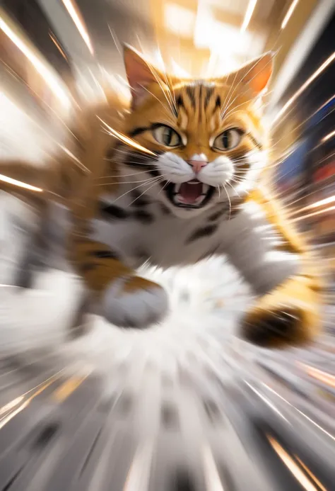 sharp cat punch(( motion blur:2.5 ,  background blur)) , open space