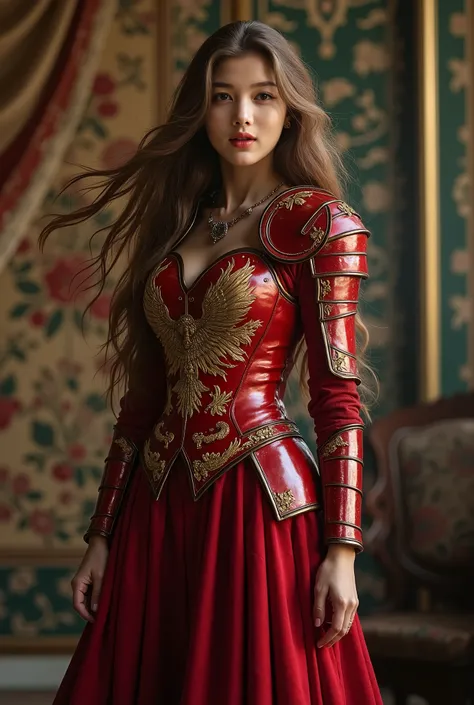 RAW Photos, solo sexy knight woman, 19 years old, Wore period drama costumes, Russia, wearing deep red 
Luxury sexy armor with intricate structure with gold thread phoenix embroidery, 20th century AD, perspective, full body Details, sexy long legs, sharp c...