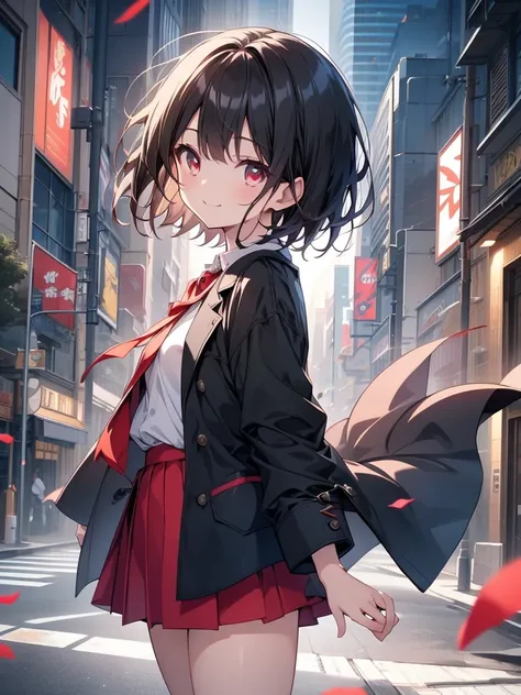 masterpiece, highest quality, highest quality, (no text), Beautiful and aesthetic:1.2),no text,anime、break,anime、break、 one girl、 Dark Haired Girl Short Hair 　 Slit Eyes Boyish 　adult　 beautiful eyes　red eyes, cool smile　 skirt　　 Black Coat　Full Body Outdo...