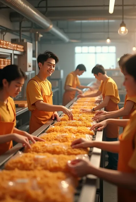 "3D-rendered image of the young entrepreneur, aged 30, in a modest factory setting. He is overseeing the first production line of Wai Wai Noodles. Workers in uniforms are packaging noodles, while the man looks proudly at the first batch of products ready f...