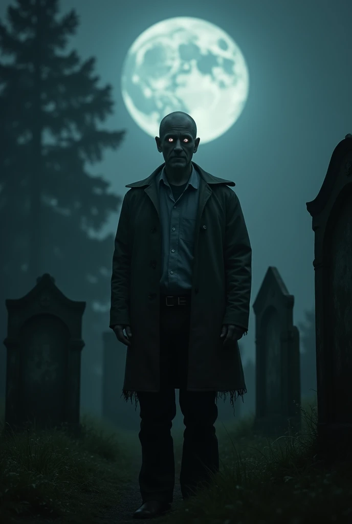 "A 35-year-old man  in the middle of a dark, eerie graveyard. The faint glow of the moon casts shadows on the weathered tombstones around him. His face is pale, eyes wide with a mix of fear and curiosity as he stares directly into the camera. His lips trem...