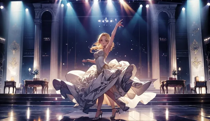 a blonde girl dancing on a glamorous stage