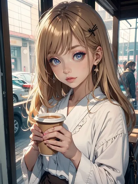 there is a blonde woman holding a cup of coffee in her hand, woman cute-fine-face, cute natural anime face, with cute - fine - face, sakimi-chan, Chiho, Yoshitomo Nara, young cute face, beautiful japanese woman face, brown hair and large eyes, cute kawaii ...