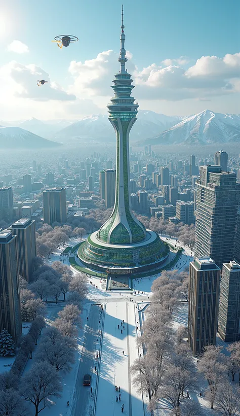 Realistic. Photorealistic. Image is vibrantly colored.
photo,Highly detailed

Sapporo, Japan, fantastic, overhead view,
winter daytime,

In the year 2123, Sapporo has become a super-futuristic city.

Sapporo TV Tower has been updated with the latest techno...