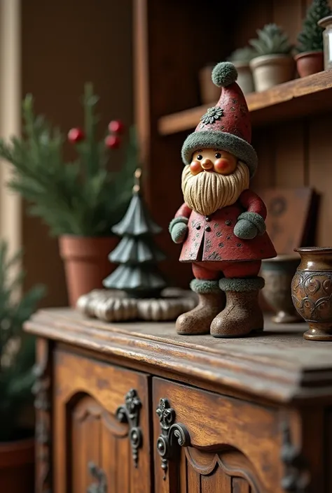 Vintage wooden Christmas decoration on an antique cabinet