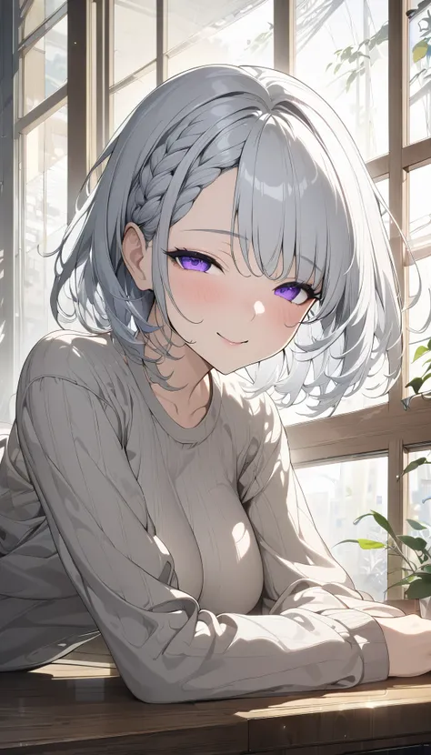 masterpiece,  perfect hair, (detailed face), (((  8k wallpaper from an extremely detailed CG unit :1.2, masterpiece,  high resolution:1.2,   best quality by the window :1.2,  table))), ( 28 years old,), ( bright silver hair ), (short bob hair, braided bang...