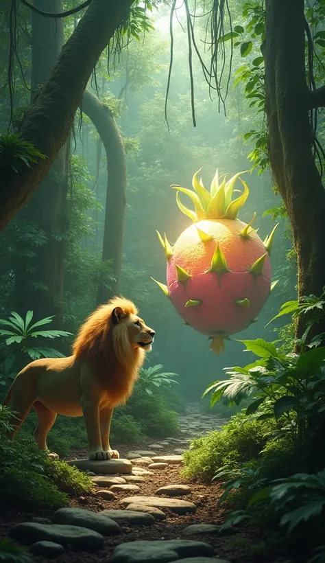 A majestic lion stands in a mystical jungle, its golden-brown mane shimmering as sunlight streams through the dense canopy above. The jungle is alive with vibrant green foliage, twisting vines, and scattered stones on the forest floor. In front of the lion...