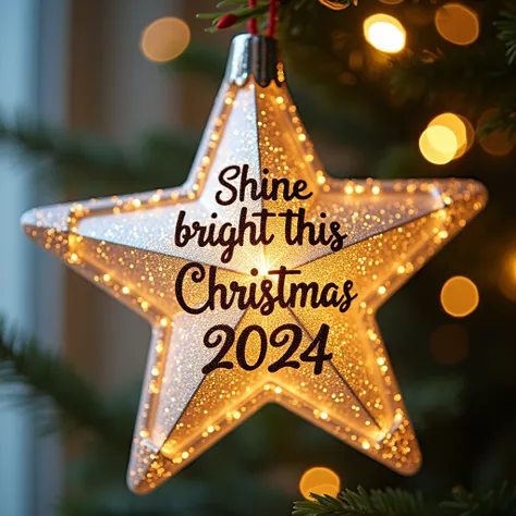 "A close-up of a glittery Christmas star ornament, with the words Shine Bright this Christmas 2024 in a luxurious gold font."