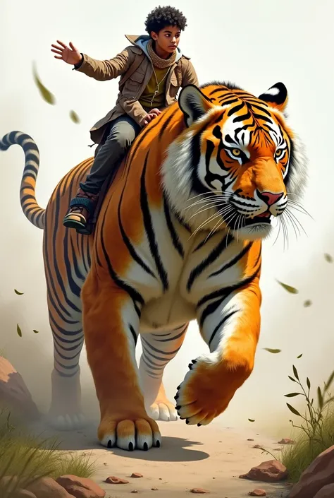 I want a big tiger , What a feeling of power and strength .  where you can see all his powerful body.  is ridden by a young adolescent .  art painting style with expressive brushstrokes