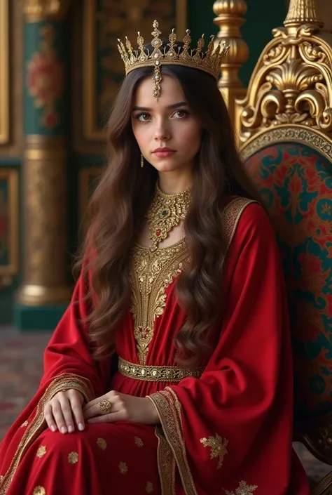 Full-length, full-face photo of a young and beautiful girl model with long brown hair, wearing a very beautiful dress, an Iranian girl from the Shahnameh, the daughter of a king, very warrior and brave, sitting on a chair in the palace, her dress is red an...