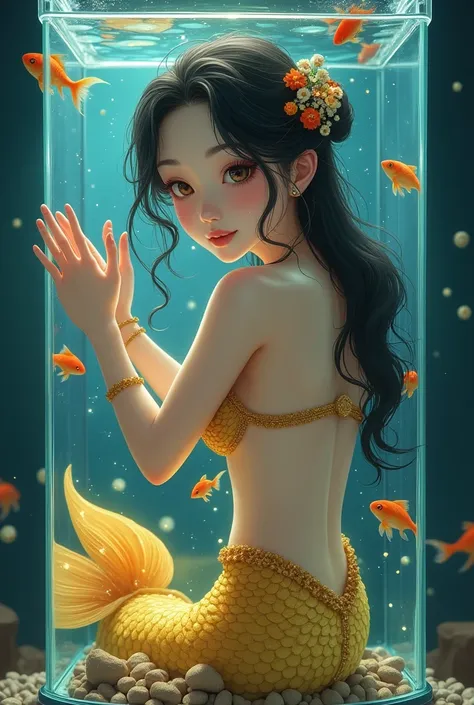  Draw a beautiful Korean mermaid with a gold tail and marine decorations on her,  she is in a homemade square glass aquarium with glowing goldfish .  The mermaid is holding her hands against the near glass trying to push it away . The face is determined an...