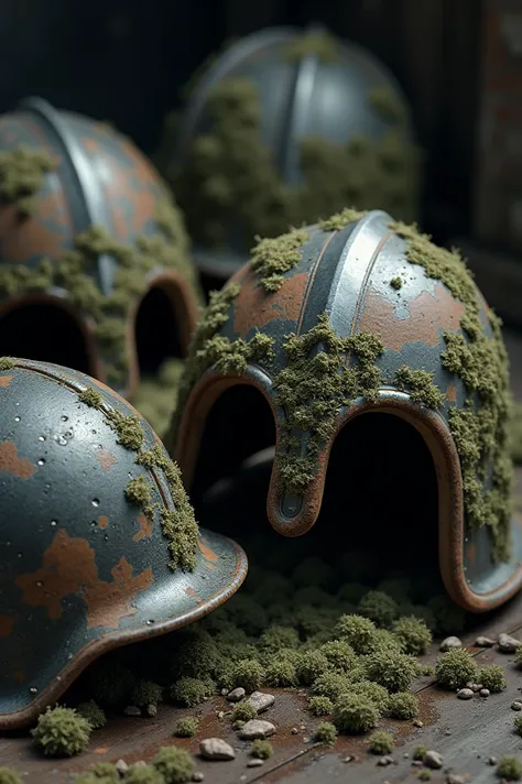 Old helmets are moldy with a lot of realistic rubbish