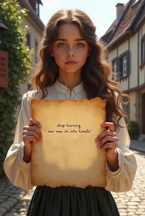 Beautiful 1860s german village girl with wavy long hair, holding a light brown slightly edge worn parchment with text "Stop Turning our Men into Toads!" and showing it to the viewer