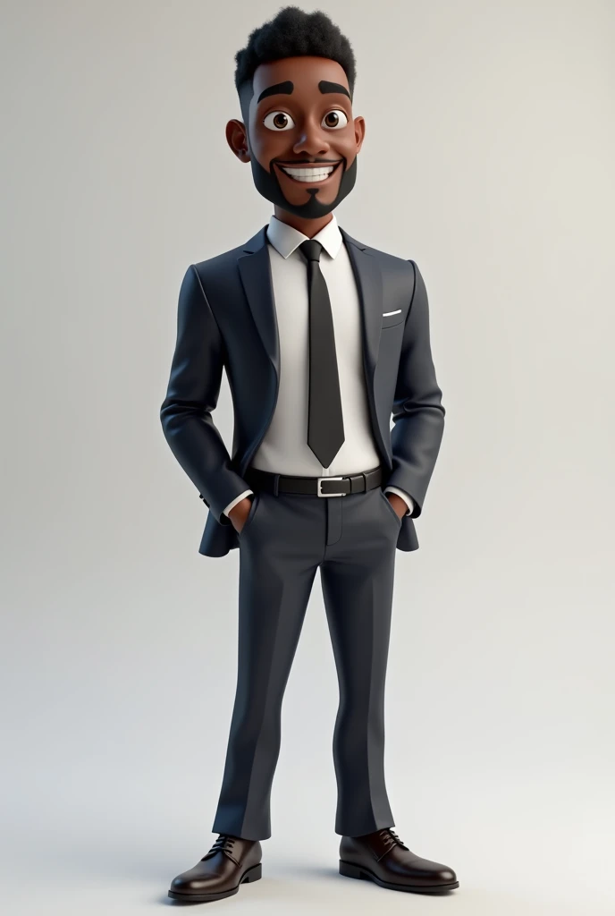 black business man 3d cartoon, smiling, wearing a fitted suit and polished dress shoes visible
