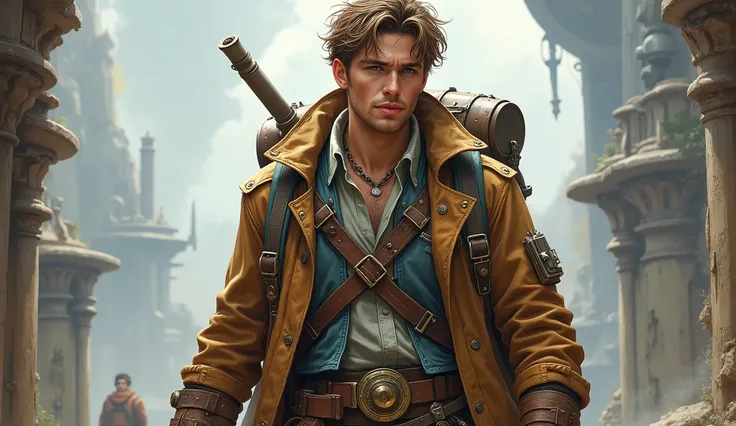 Create a detailed illustration of a tall and strong white Caucasian male steampunk adventurer. He has tousled brown hair, bright blue eyes, and pale skin with a rugged, unshaved look. He is dressed in a weathered adventurers outfit made of durable leather ...