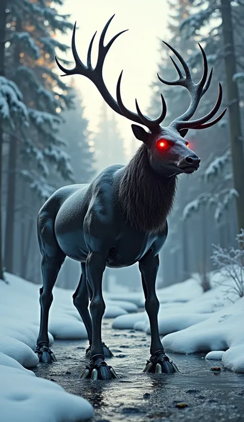 A terrifying hybrid of an elk and a snowmobile stands atop a frozen stream in the Alpine forest. The creature has the massive antlers and head of an elk, combined with a sleek, snowmobile-like body equipped with jagged, metallic hooves that cut into the ic...