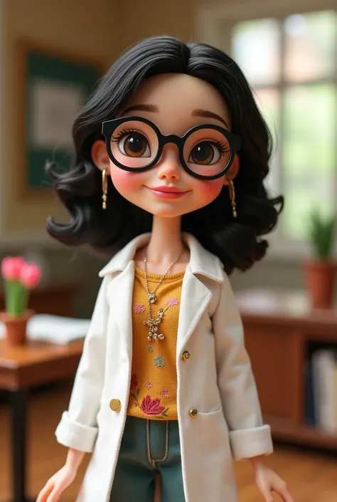  create a Disney style doll , of a 30-year-old teacher wearing a lab coat,  black hair , with glasses, Smiling and who likes flowers